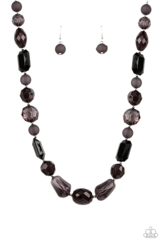 Paparazzi Accessories Here Today GONDOLA Tomorrow - Black Varying in shape and opacity, a mismatched display of acrylic, opaque, and crystal-like black beads alternate with dainty silver beads across the chest for a prismatic pop of refinement. Features a