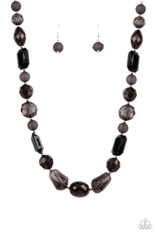 Paparazzi Accessories Here Today GONDOLA Tomorrow - Black Varying in shape and opacity, a mismatched display of acrylic, opaque, and crystal-like black beads alternate with dainty silver beads across the chest for a prismatic pop of refinement. Features a