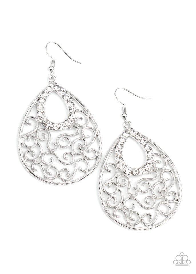 Paparazzi Accessories Seize The Stage - White A glittery white rhinestone teardrop frame nestles at the top of an antiqued silver teardrop filled with whimsical vine-like filigree. Earring attaches to a standard fishhook fitting. Sold as one pair of earri