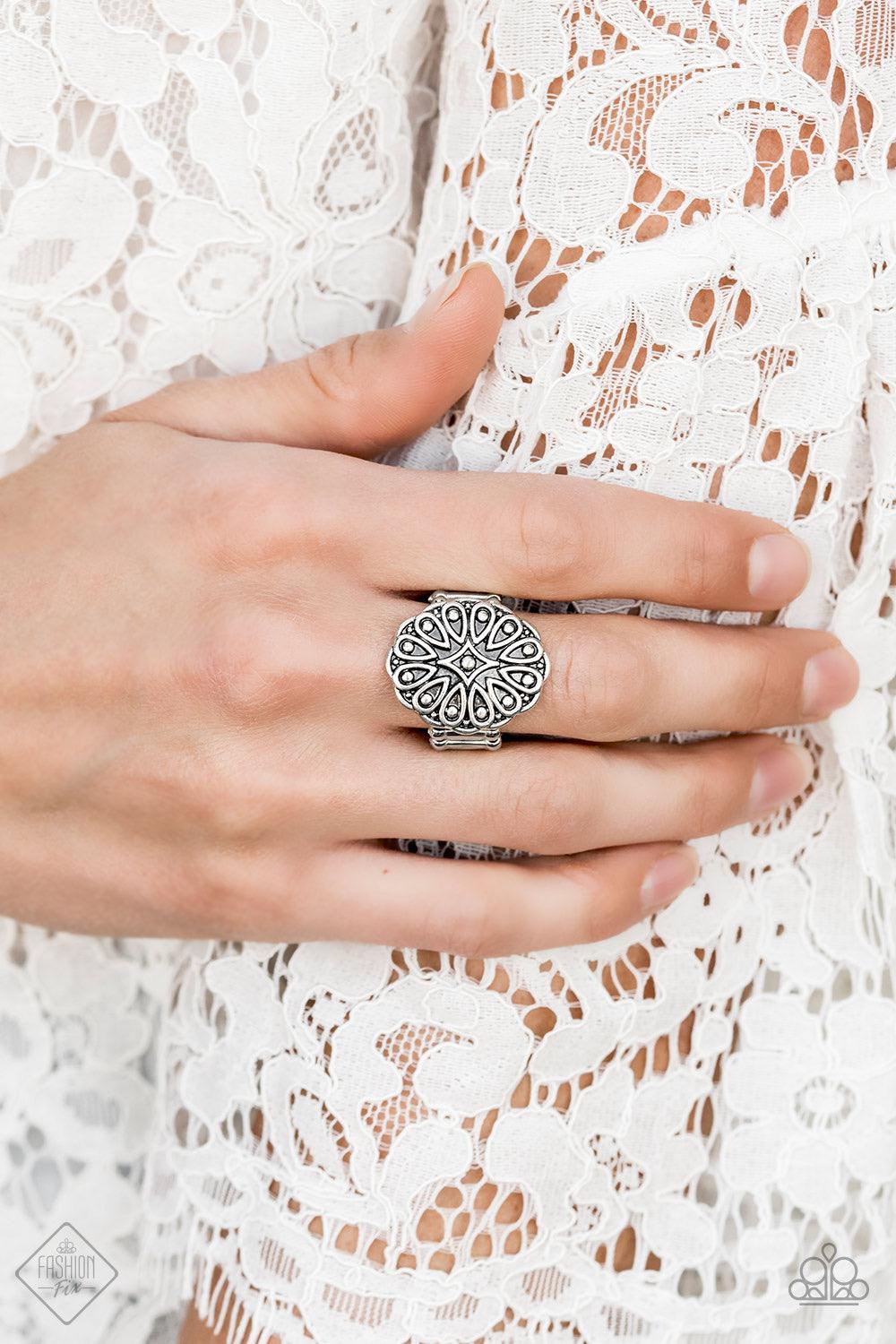 Paparazzi Accessories Modern Mandala - Silver Embossed in ornate teardrop patterns, a scalloped silver frame swirls atop the finger for a whimsical look. Features a stretchy band for a flexible fit. Jewelry