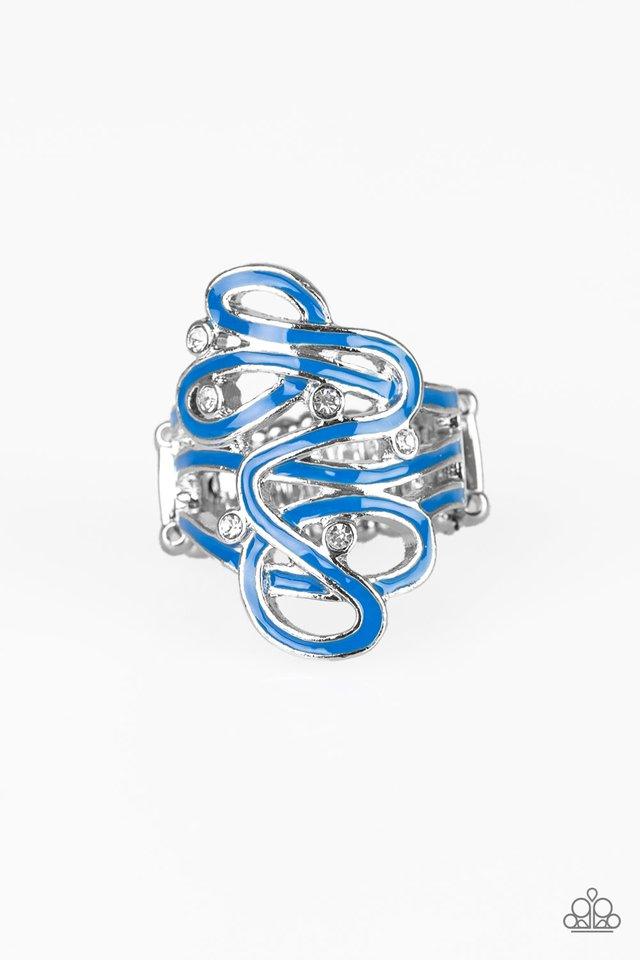 Paparazzi Accessories The Run Around - Blue Painted in a shiny blue finish, glistening silver ribbons whirl around dainty white rhinestones, coalescing into a whimsical frame atop the finger. Features a stretchy band for a flexible fit. Sold as one indivi