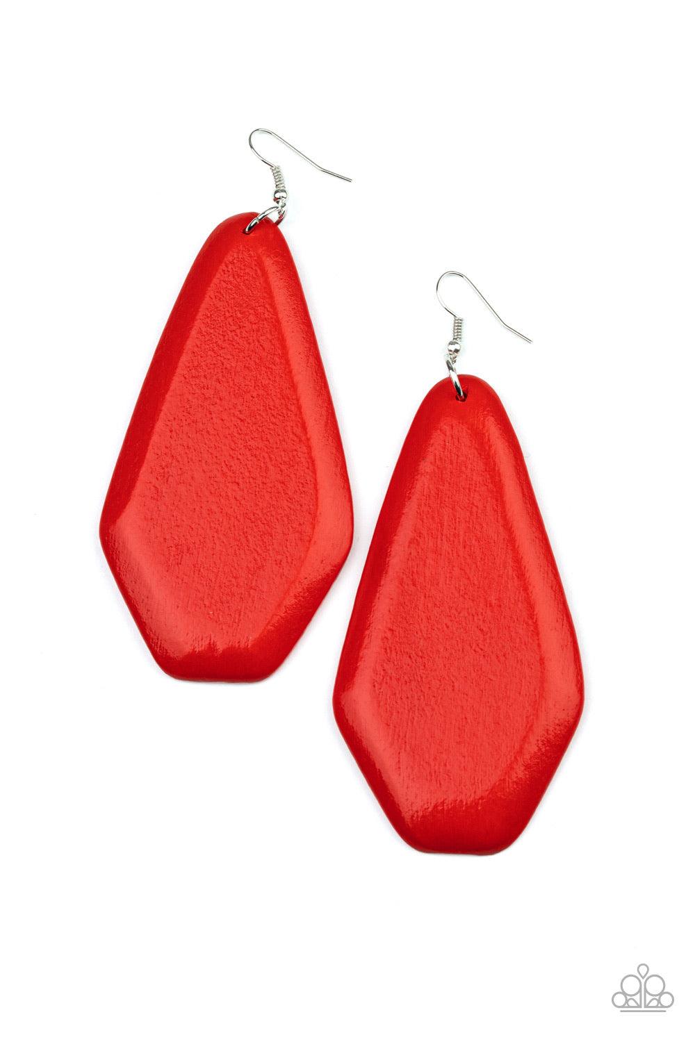 Paparazzi Accessories Vacation Ready ~Red Brushed in a fiery red finish, an oversized wooden frame swings from the ear for an abstract statement-making look. Earring attaches to a standard fishhook fitting.