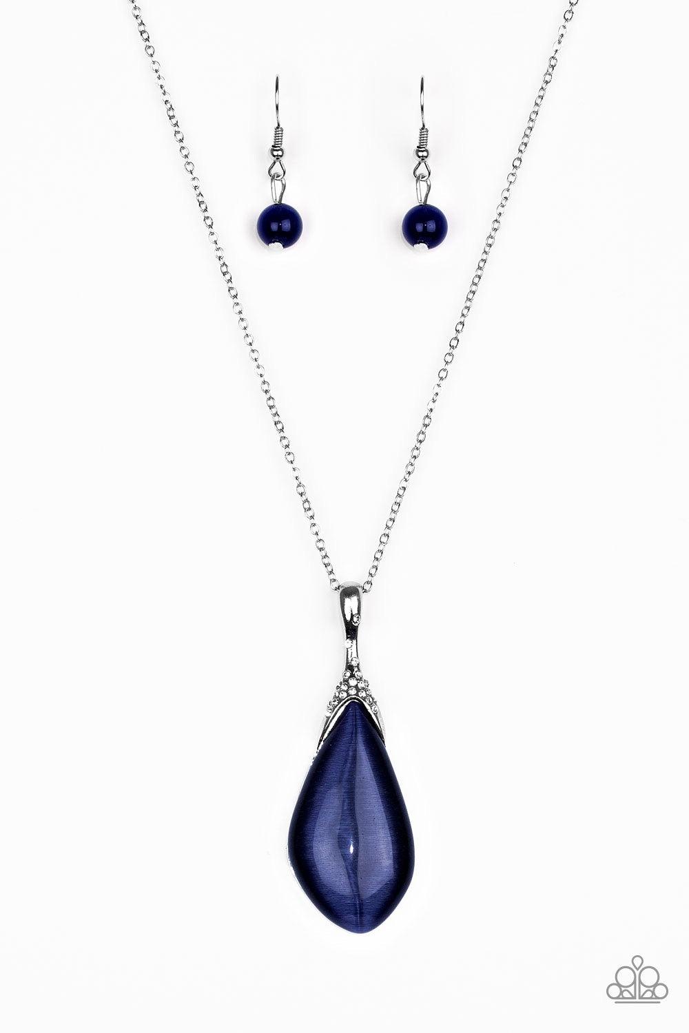 Paparazzi Accessories Friends in Glow Places - Blue Infused with a white rhinestone encrusted fitting, an asymmetrical blue moonstone swings from the bottom of an elongated silver chain for a whimsical look. Features an adjustable clasp closure. Jewelry