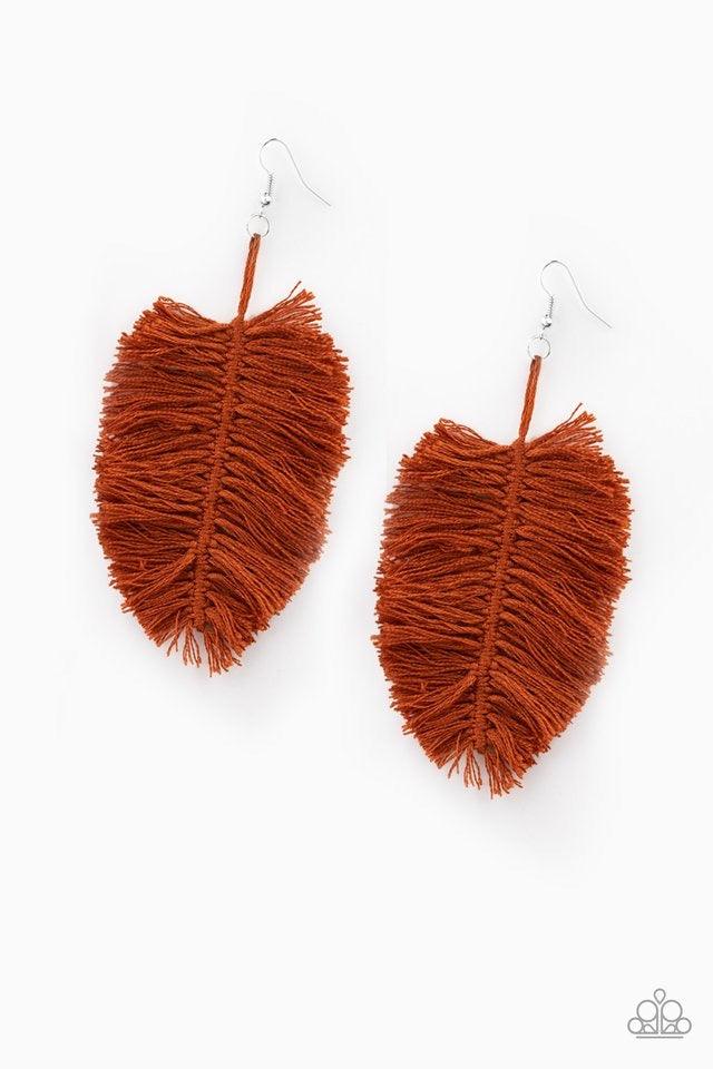 Paparazzi Accessories Hanging by a Thread - Brown Featuring an earthy brown hue reminiscent of terracotta, a loop of thread gives way to a leafy brown fringe, creating a statement-making texture. Earring attaches to a standard fishhook fitting. Sold as on
