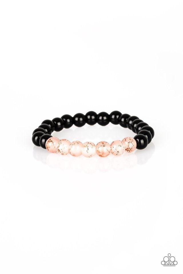 Paparazzi Accessories Cool And Content - Pink Glassy pink and polished black beads are threaded along a stretchy band for a seasonal look. Jewelry