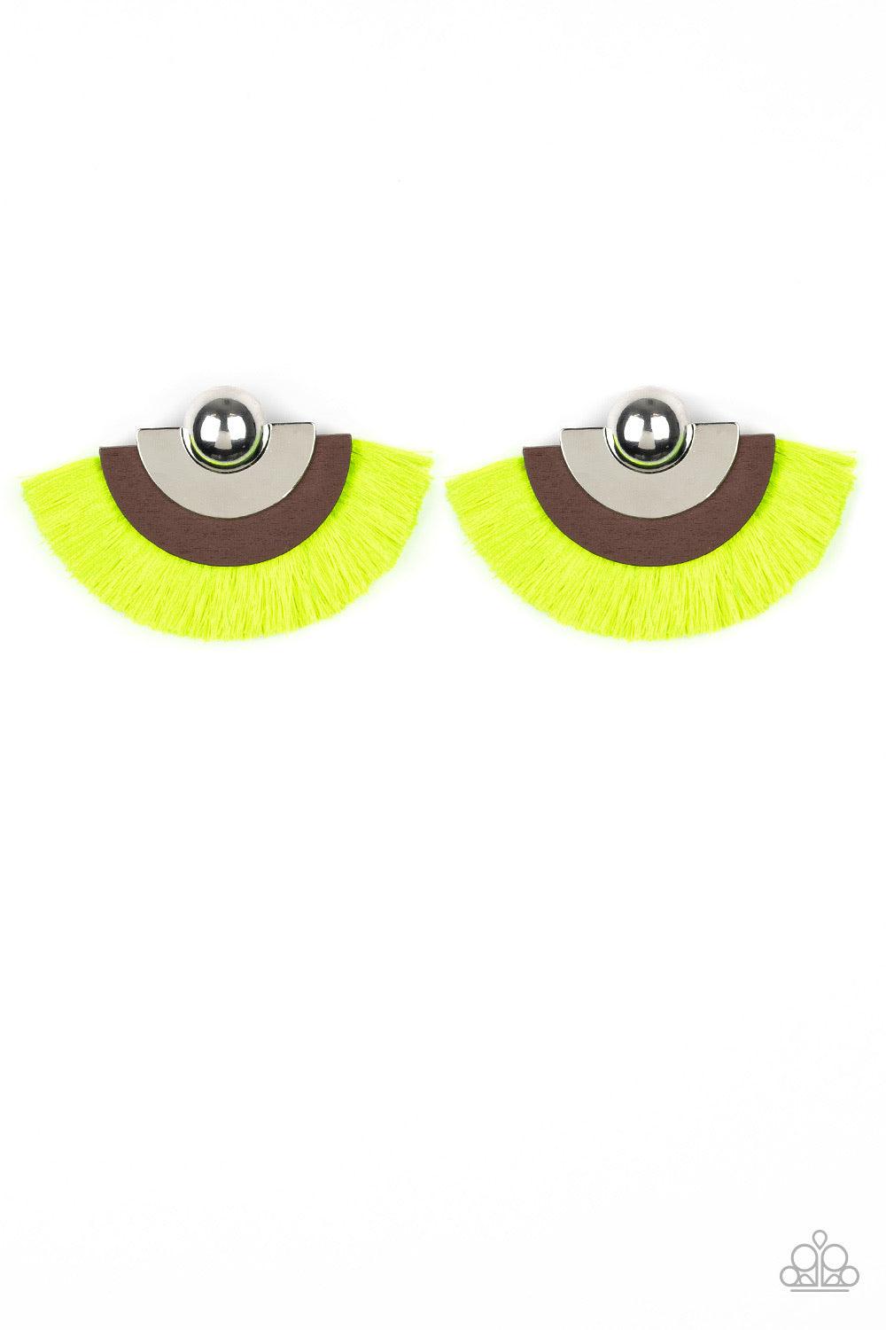 Paparazzi Accessories Fan The FLAMBOYANCE - Yellow Neon yellow thread fans from the bottom of a retro silver and wooden frame, creating a vivacious fringe. Earring attaches to a standard post fitting. Jewelry