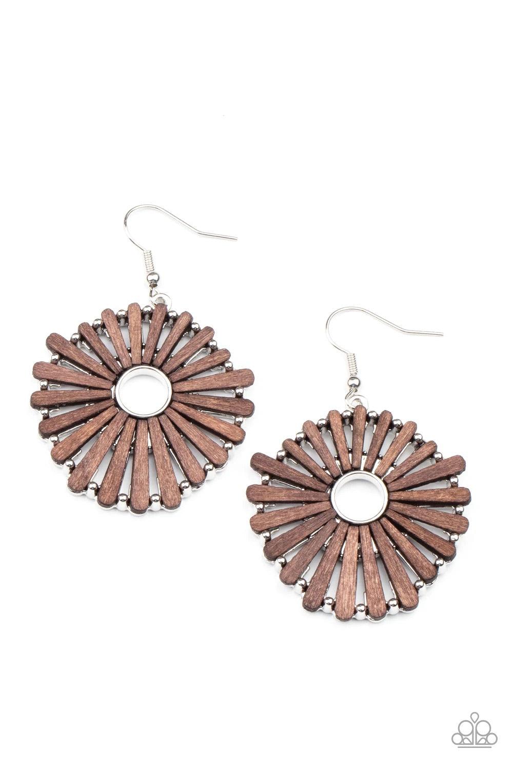 Paparazzi Accessories Spoke Too Soon - Brown Petal-like wooden frames asymmetrically flare out from an airy silver center, creating a rustic floral display. Earring attaches to a standard fishhook fitting. Sold as one pair of earrings. Jewelry
