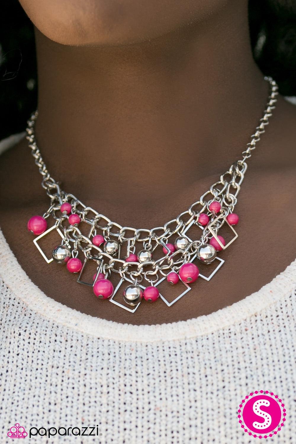 Paparazzi Accessories Finally FRAME-ous - Pink Playful pink and classic silver beading cascade from two rows of bold silver chain. Glistening silver frames trickle between the colorful fringe, adding a trendy geometric flair to the flawlessly layered pale