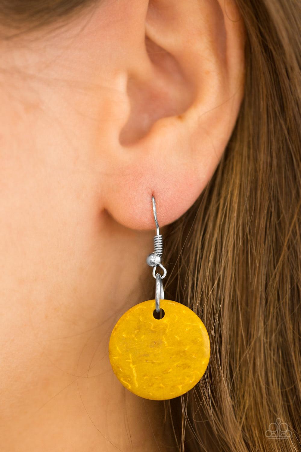 Paparazzi Accessories Bermuda Belle - Yellow Brushed in a refreshing yellow finish, wooden rings and beads are knotted in place along three strands, creating summery layers down the chest. Features a button loop closure. Jewelry