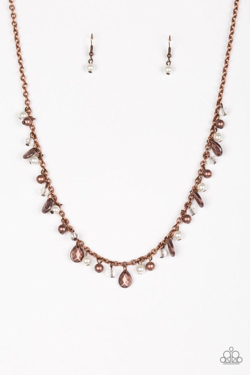 Paparazzi Accessories Spring Sophistication - Copper Pearly white and crystal-like beads trickle from a copper chain, creating a bubbly fringe below the collar. Faceted copper teardrops drip between the colorful beading, adding timeless shimmer to the sea