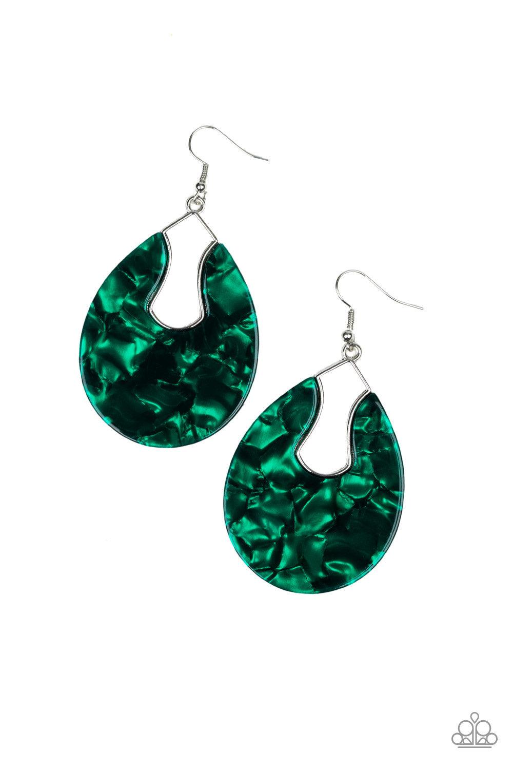 Paparazzi Accessories Pool Hopper - Green Brushed in a faux marble finish, a shimmering acrylic frame attaches to an abstract silver fitting as it swings from the ear for a retro look. Earring attaches to a standard fishhook fitting. Jewelry