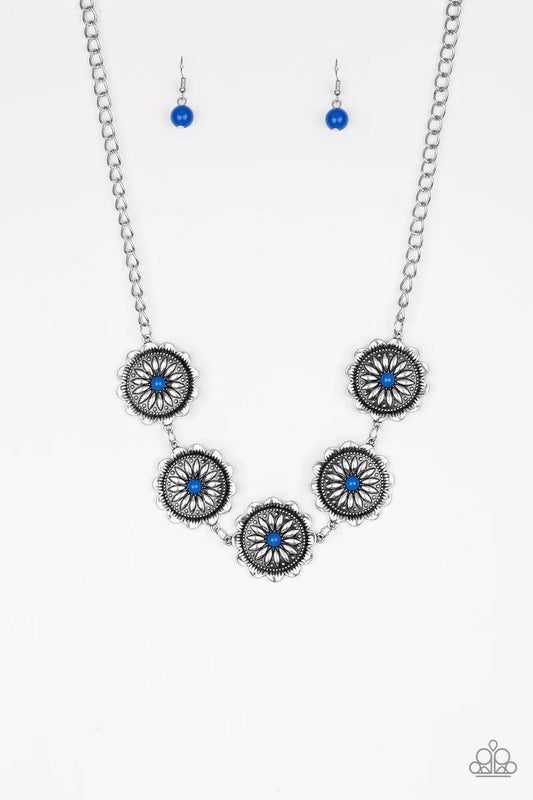 Paparazzi Accessories Me-Dallions, Myself, and I - Blue Infused with bright blue beaded centers, ornate floral stamped frames link below the collar for a colorfully, seasonal look. Features an adjustable clasp closure. Sold as one individual necklace. Inc