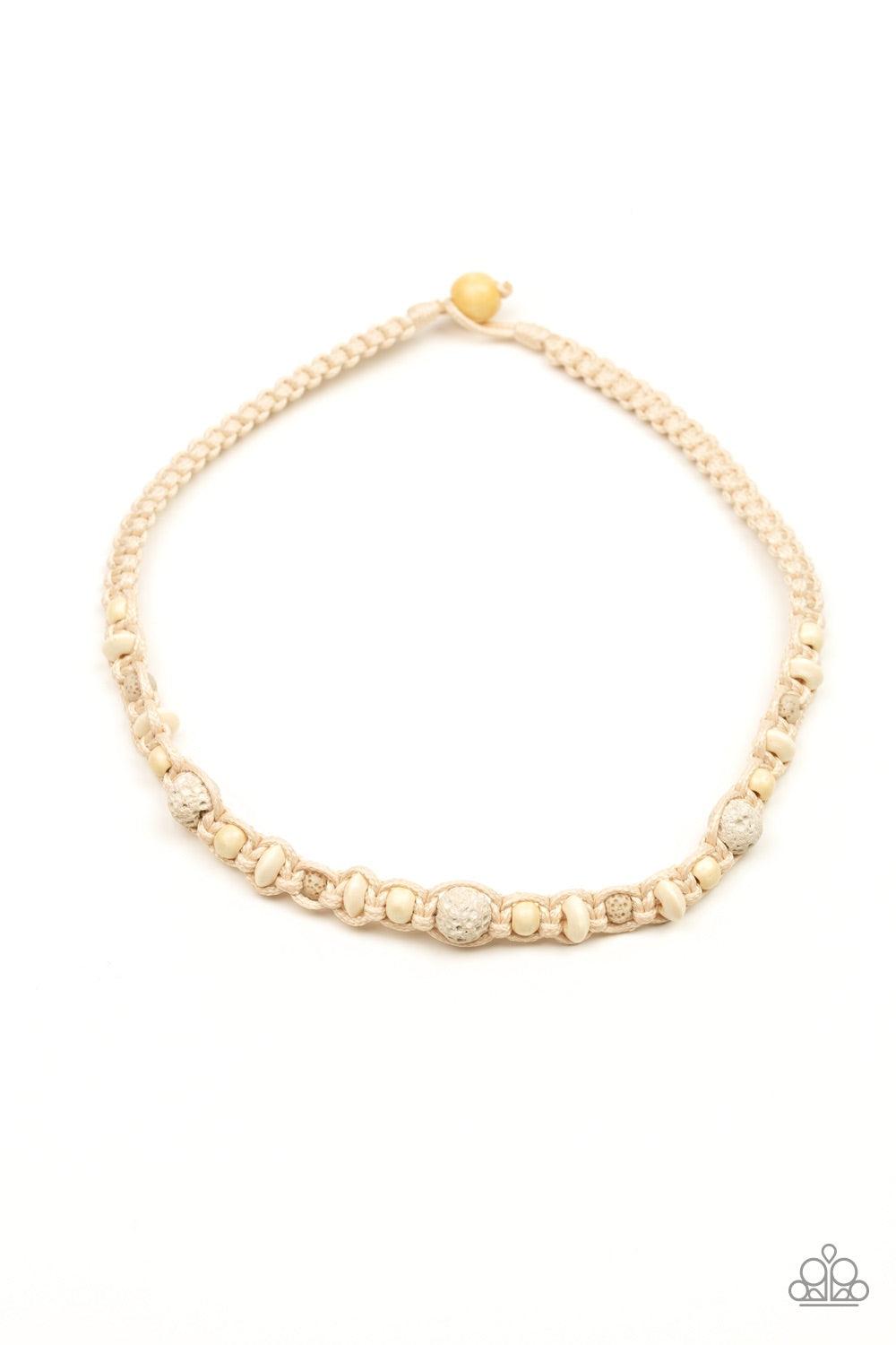 Paparazzi Accessories Shark Baite - White Braided cording knots around a collection of white wooden beads and white lava stones below the collar for an urban look. Features a button loop closure. Jewelry