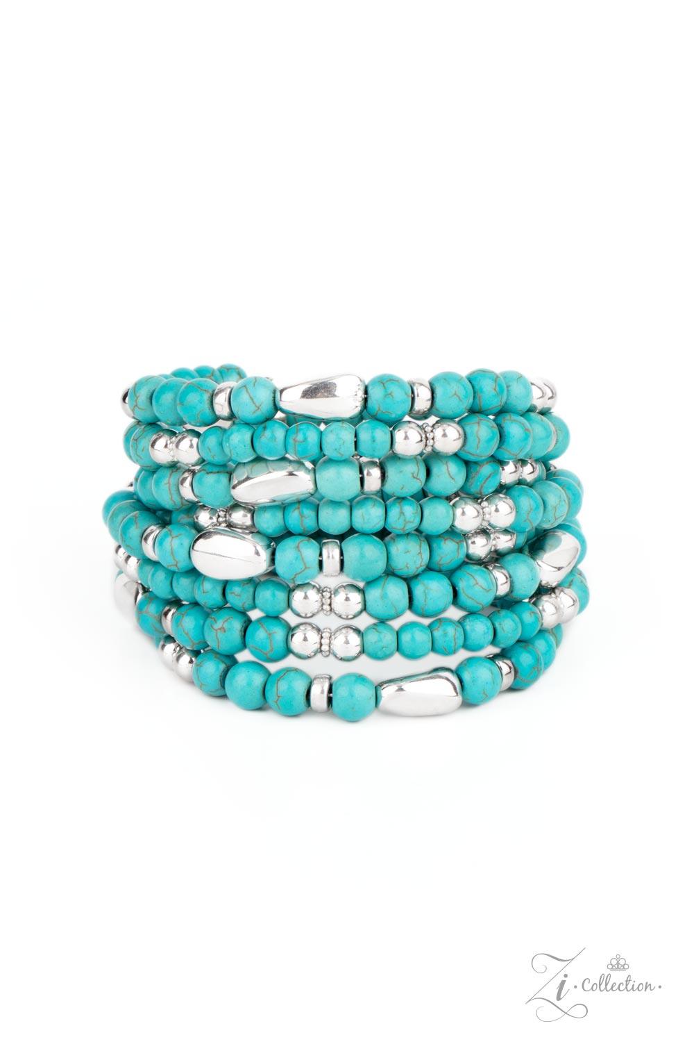 Paparazzi Accessories Party Crusher: ZiCollection An artisanal assortment of mismatched turquoise stones and silver accents are threaded along a dainty wire that infinitely coils around the wrist, creating glamorously groundbreaking layers. Sold as one in