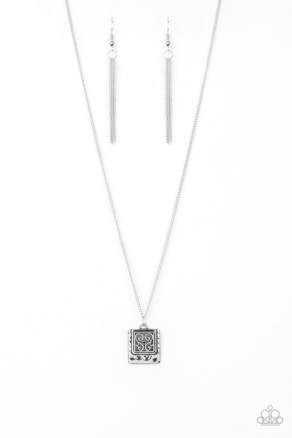 Paparazzi Accessories Back to Square One - Silver A filigree filled silver frame is pressed into a larger hammered frame, creating a dainty pendant below the collar. Features an adjustable clasp closure. Sold as one individual necklace. Includes one pair