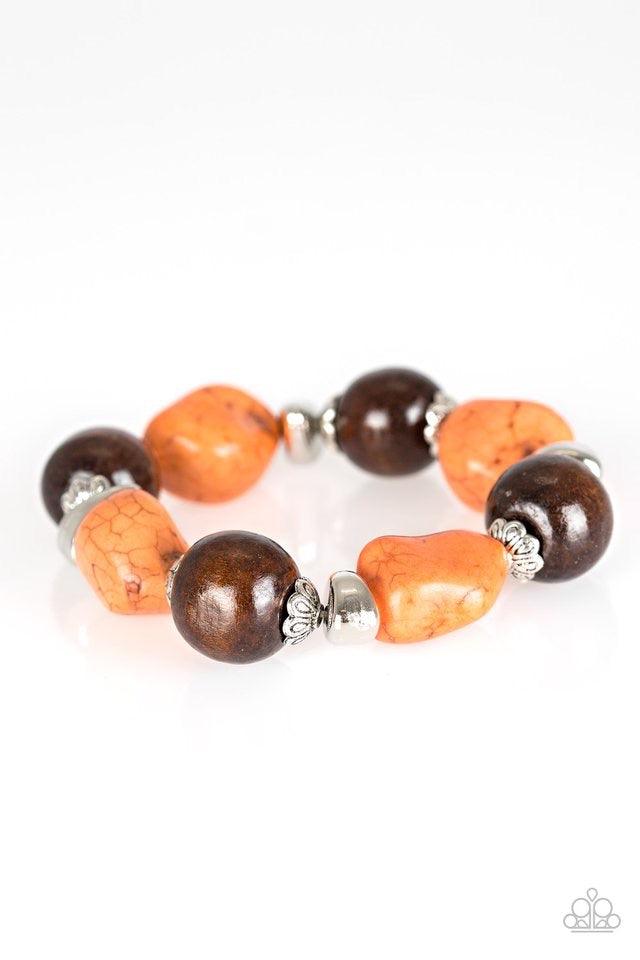 Paparazzi Accessories Gorgeously Grounded - Orange Infused with ornate silver accents, orange stones and earthy wooden beads are threaded along a stretchy elastic band for a seasonal look. Jewelry