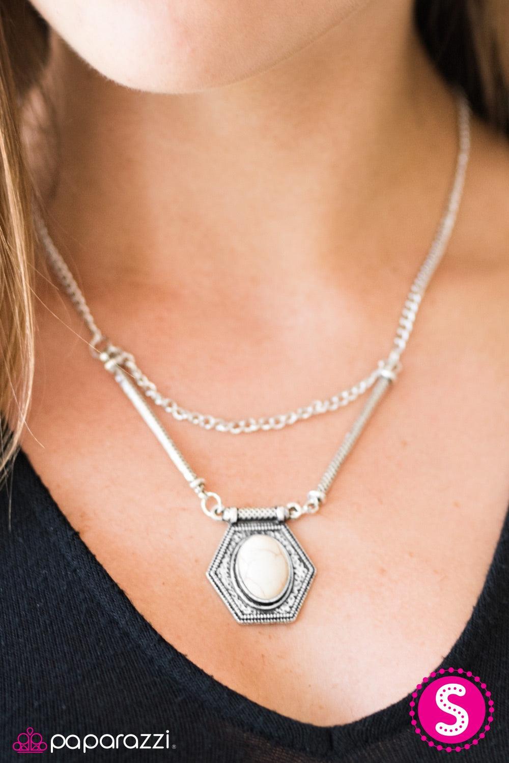 Paparazzi Accessories Desert Soul - White Hanging from two textured rods, a white stone is pressed into a shimmering silver frame for an artisanal vibe. An additional silver chain runs horizontally across the palette, adding a free-spirited flair to the s