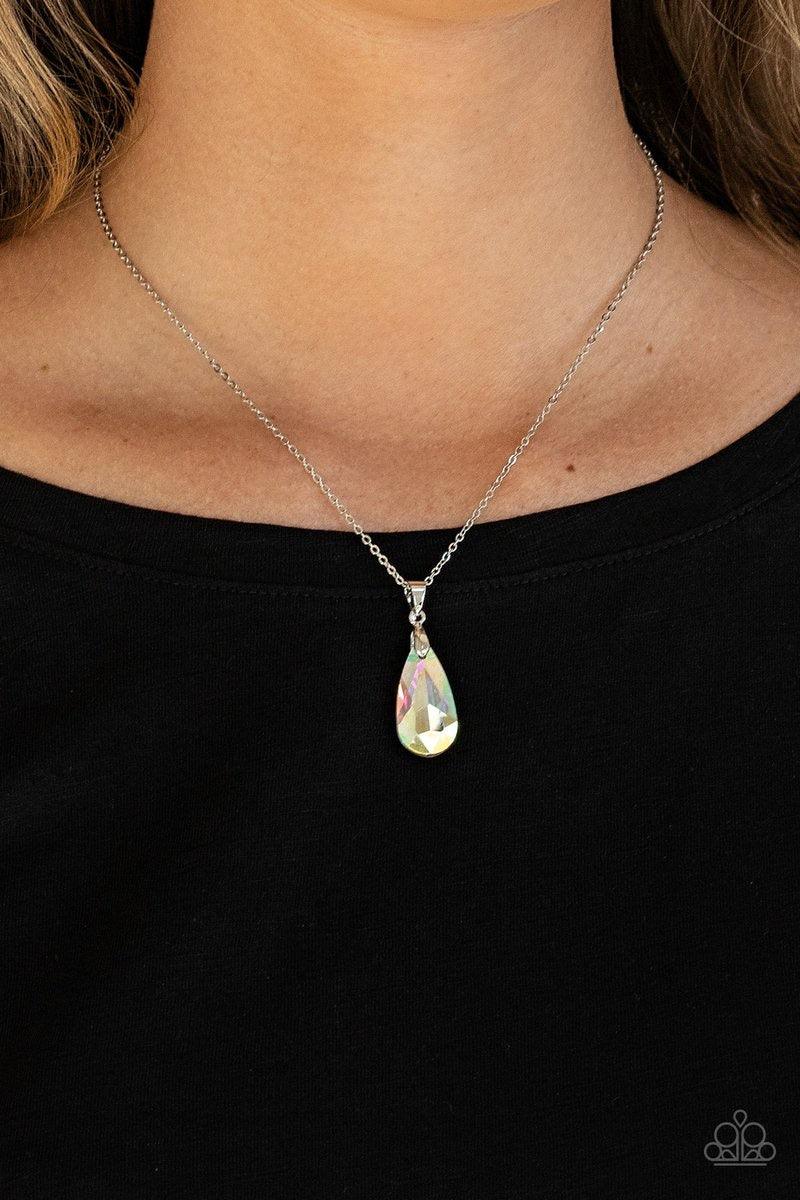Paparazzi Accessories Optimized Opulence - Multi An iridescent teardrop gem swings from the bottom of a glistening silver chain, creating a stellar pendant below the collar. Features an adjustable clasp closure. Sold as one individual necklace. Includes o