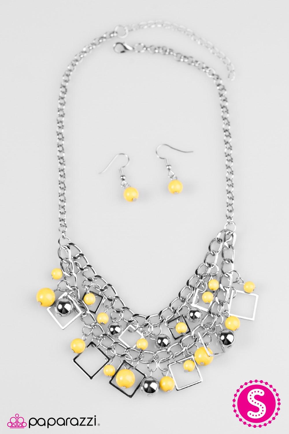 Paparazzi Accessories Finally FRAME-ous - Yellow Sunny yellow and classic silver beading cascade from two rows of bold silver chain. Glistening silver frames trickle between the colorful fringe, adding a trendy geometric flair to the flawlessly layered pa