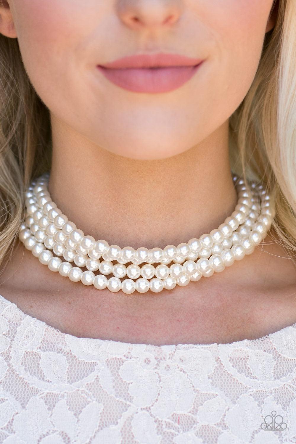 Paparazzi Accessories Vintage Romance ~White Choker Four strands of romantic white pearls layer around the neck for a timelessly vintage look. Features an adjustable clasp closure.
