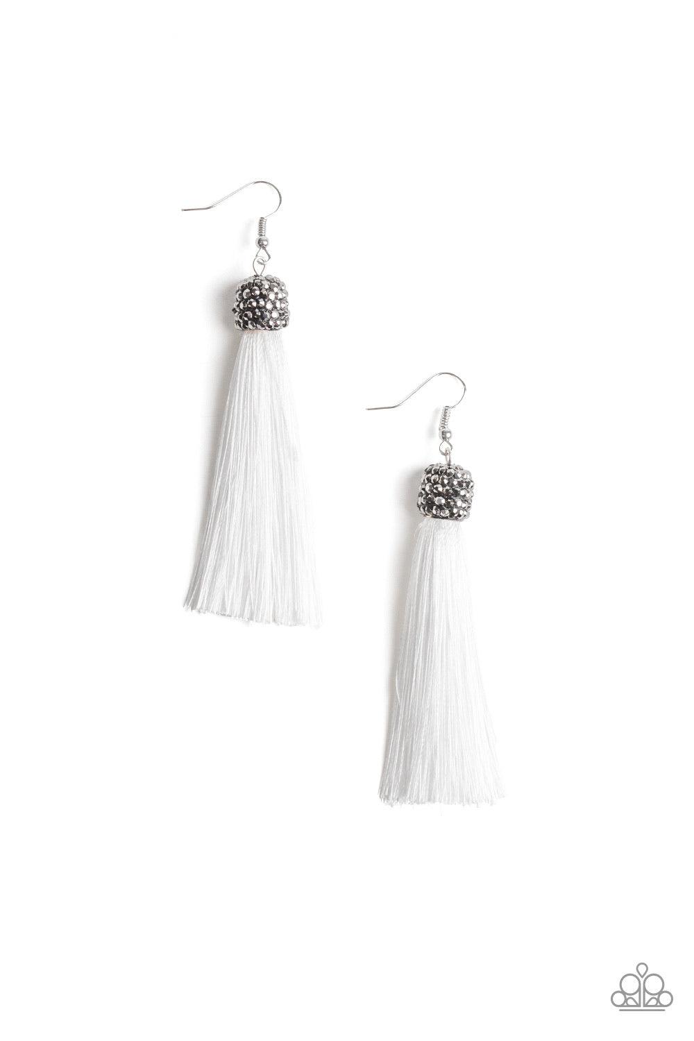 Paparazzi Accessories Make Room For Plume - White Encrusted in row after row of hematite rhinestones, a glittery gunmetal bead gives way to a plume of shiny white thread for an elegantly tasseled look. Earring attaches to a standard fishhook fitting. Jewe
