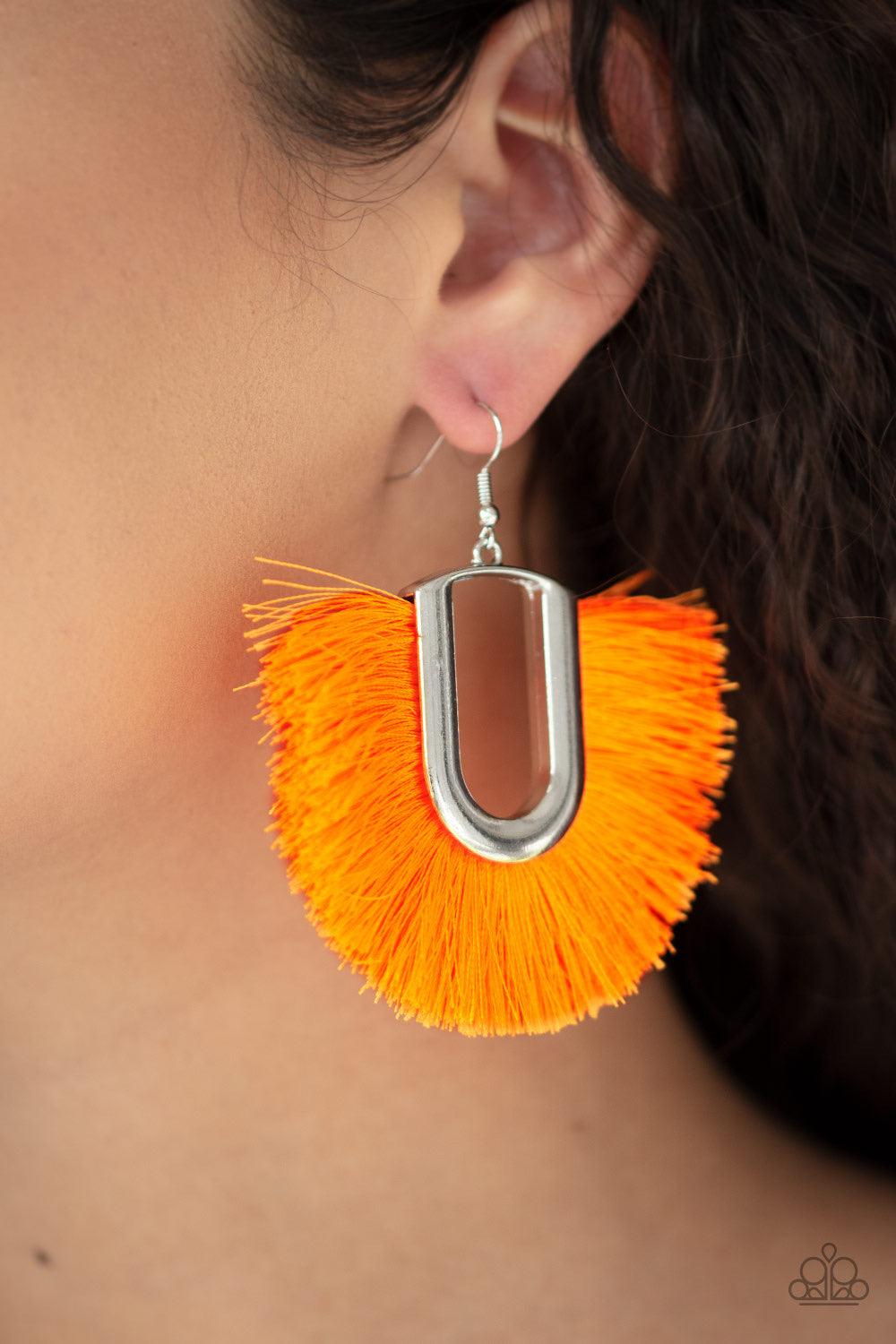Paparazzi Accessories Tassel Tropicana - Orange Neon orange thread fans out from a striking silver fitting, creating a vivacious fringe. Earring attaches to a standard fishhook fitting. Jewelry