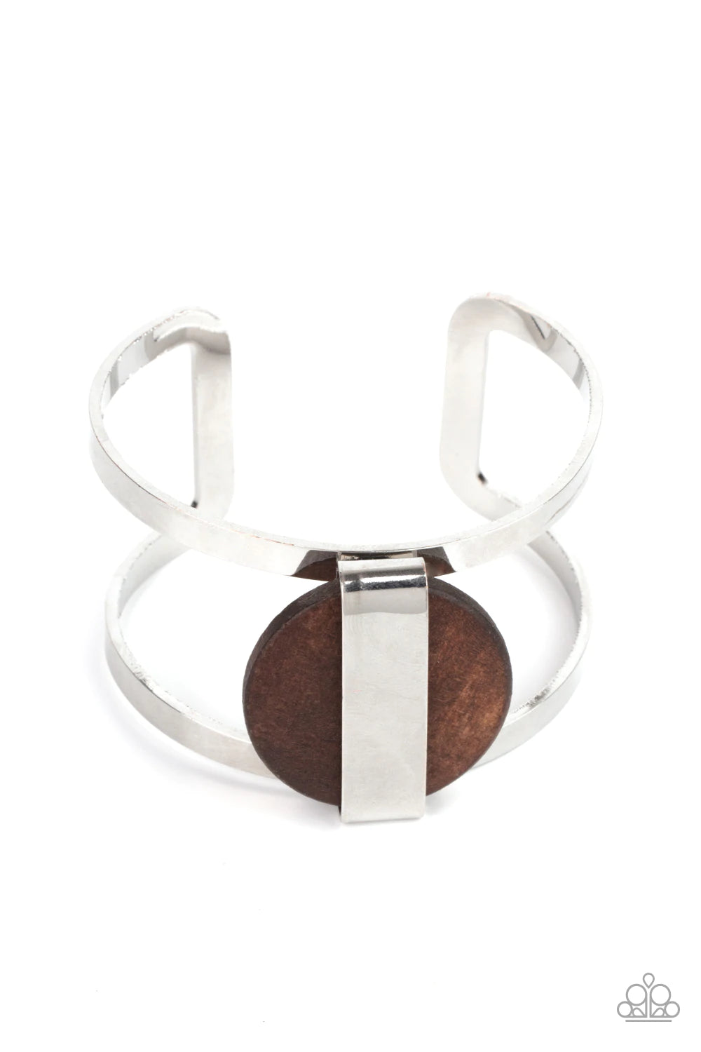 Paparazzi Accessories Organic Fusion - Brown A shiny silver frame wraps around an earthy wooden disc, creating an abstract centerpiece atop a bold silver cuff for a trendy finish. Sold as one individual bracelet. Bracelets