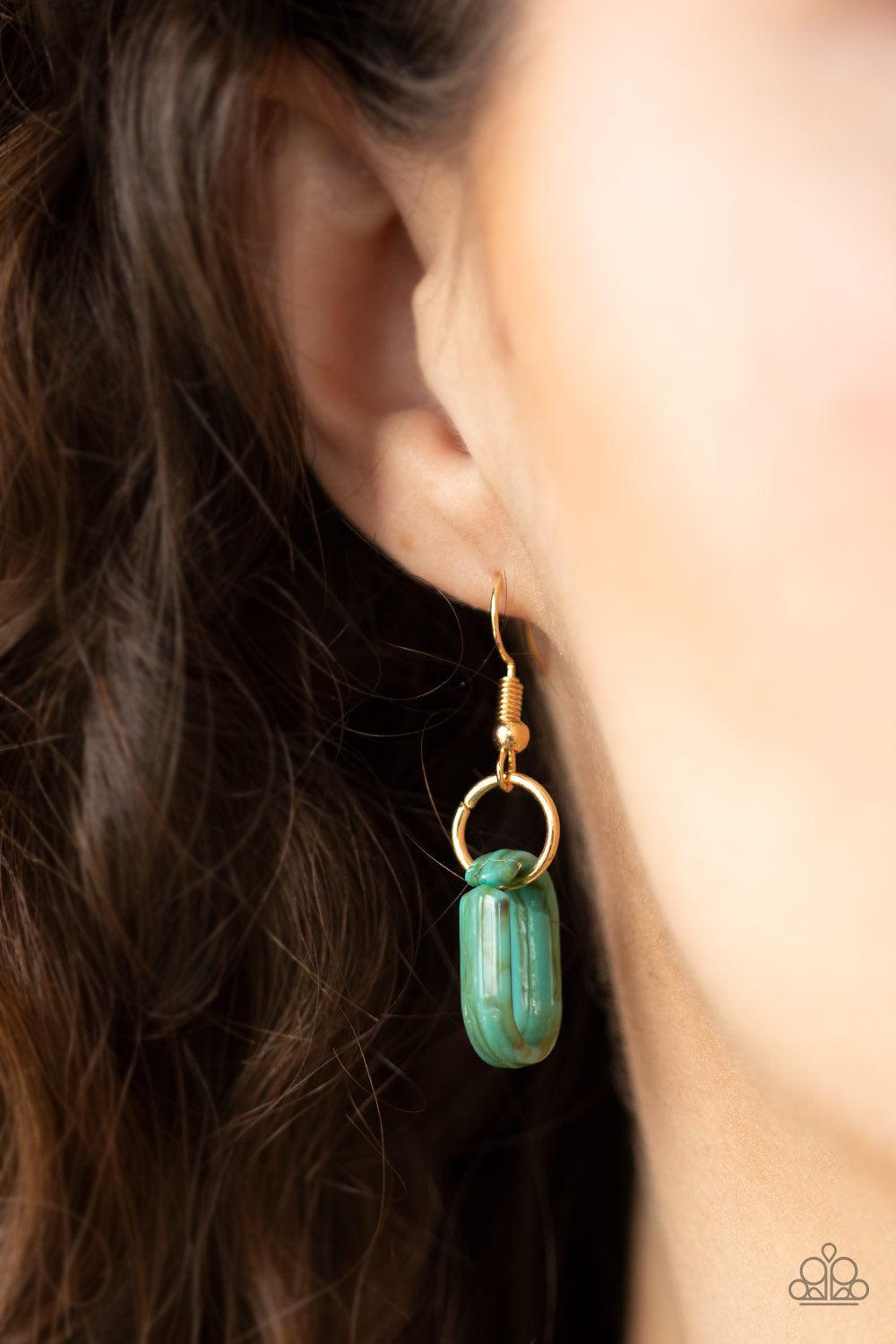 Paparazzi Accessories Fashionista Fever ~Blue Glistening gold fittings link with blue hexagon-like acrylic frames below the collar for a seasonal flair. Features an adjustable clasp closure.