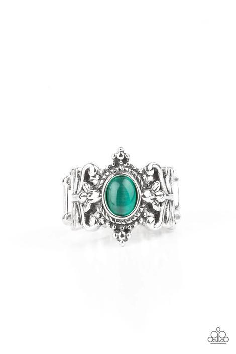 Paparazzi Accessories Reformed Refinement - Green A glassy Mint cat's eye stone is pressed into the center of a studded and metallic rope-like frame. Leafy floral bands delicately overlap the whimsical frame, coalescing into a tropical inspired centerpiec