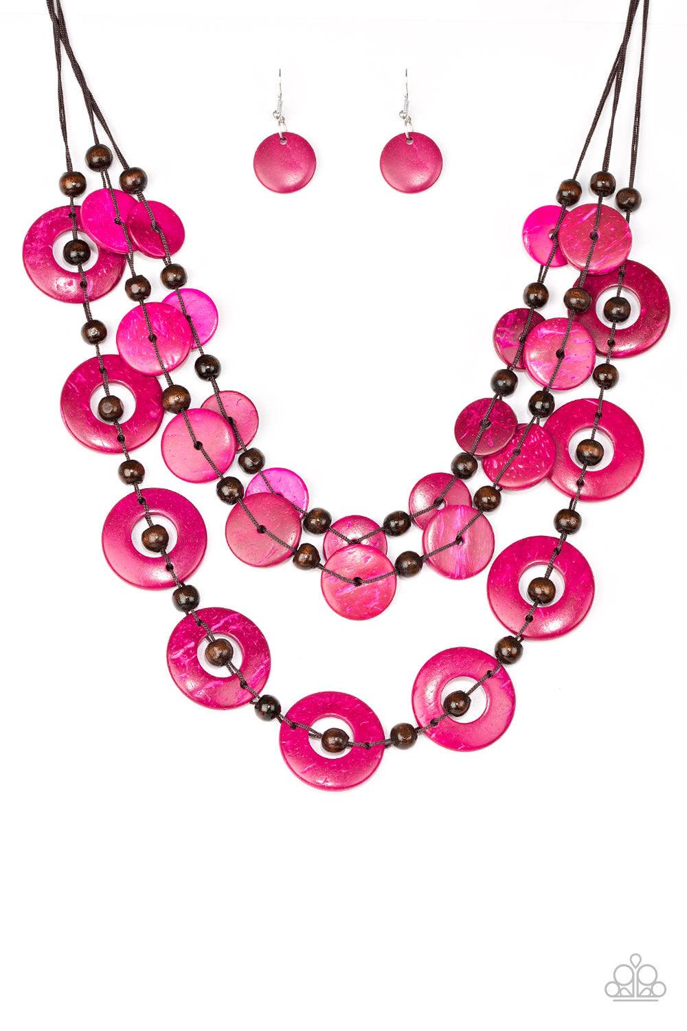 Paparazzi Accessories Catalina Coastin - Pink Brushed in a shell-like iridescence, vivacious pink wooden discs and round brown wooden beads are knotted along three strands of brown cording for a summery look. Features a button loop closure. Jewelry