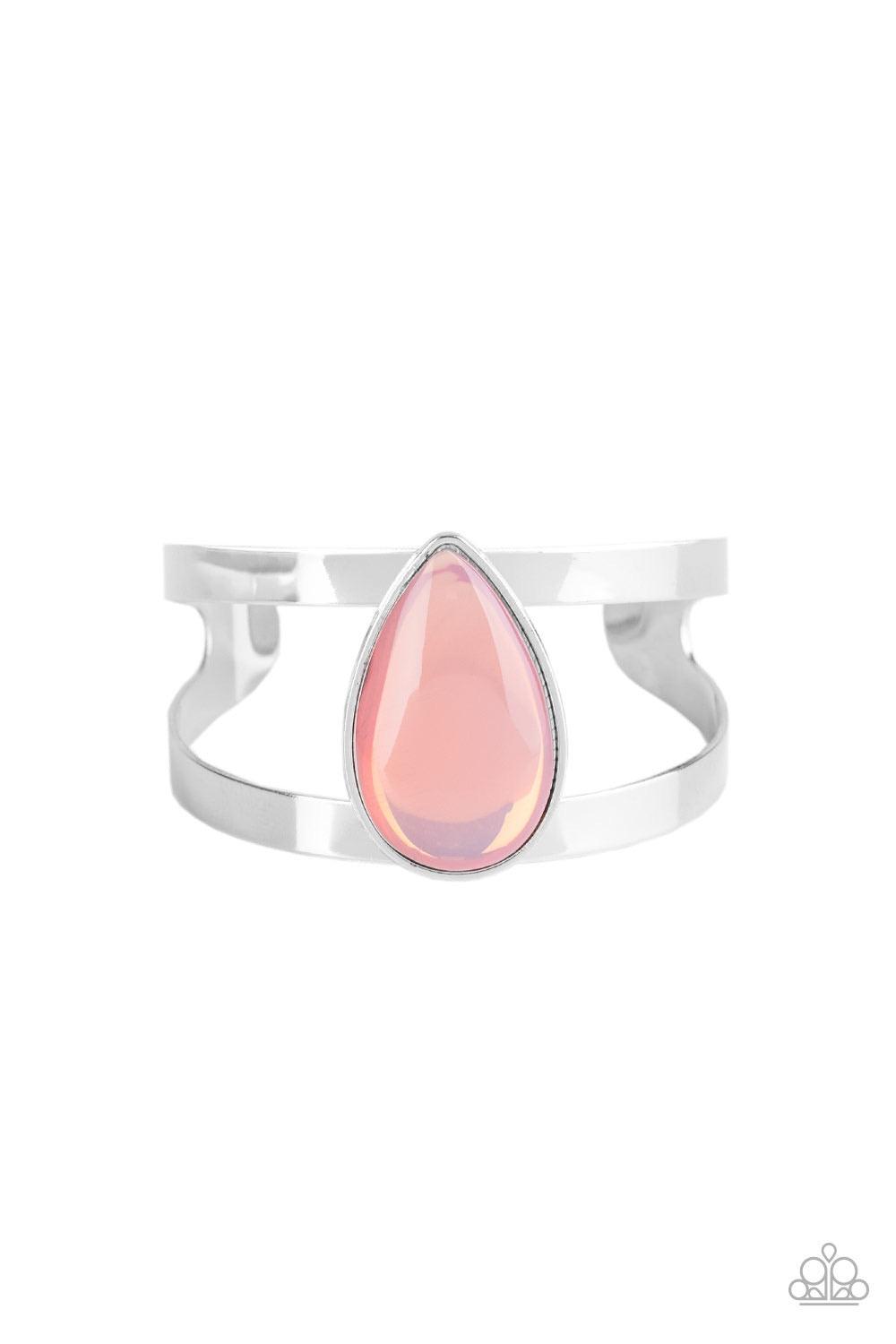 Paparazzi Accessories Optimal Opalescence - Pink Featuring a sleek silver frame, an opalescent pink teardrop bead sits atop an airy silver cuff in an ethereal fashion. Sold as one individual bracelet. Jewelry
