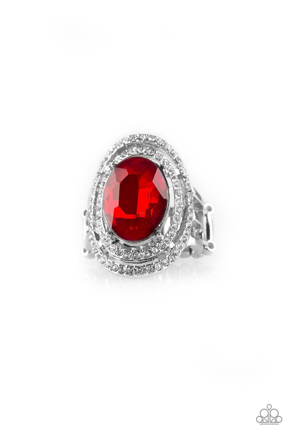 Paparazzi Accessories Making History - Red A glittery red gem sits atop stacked silver frames radiating with glassy white rhinestones for a timeless look. Features a stretchy band for a flexible fit. Sold as one individual ring. Jewelry