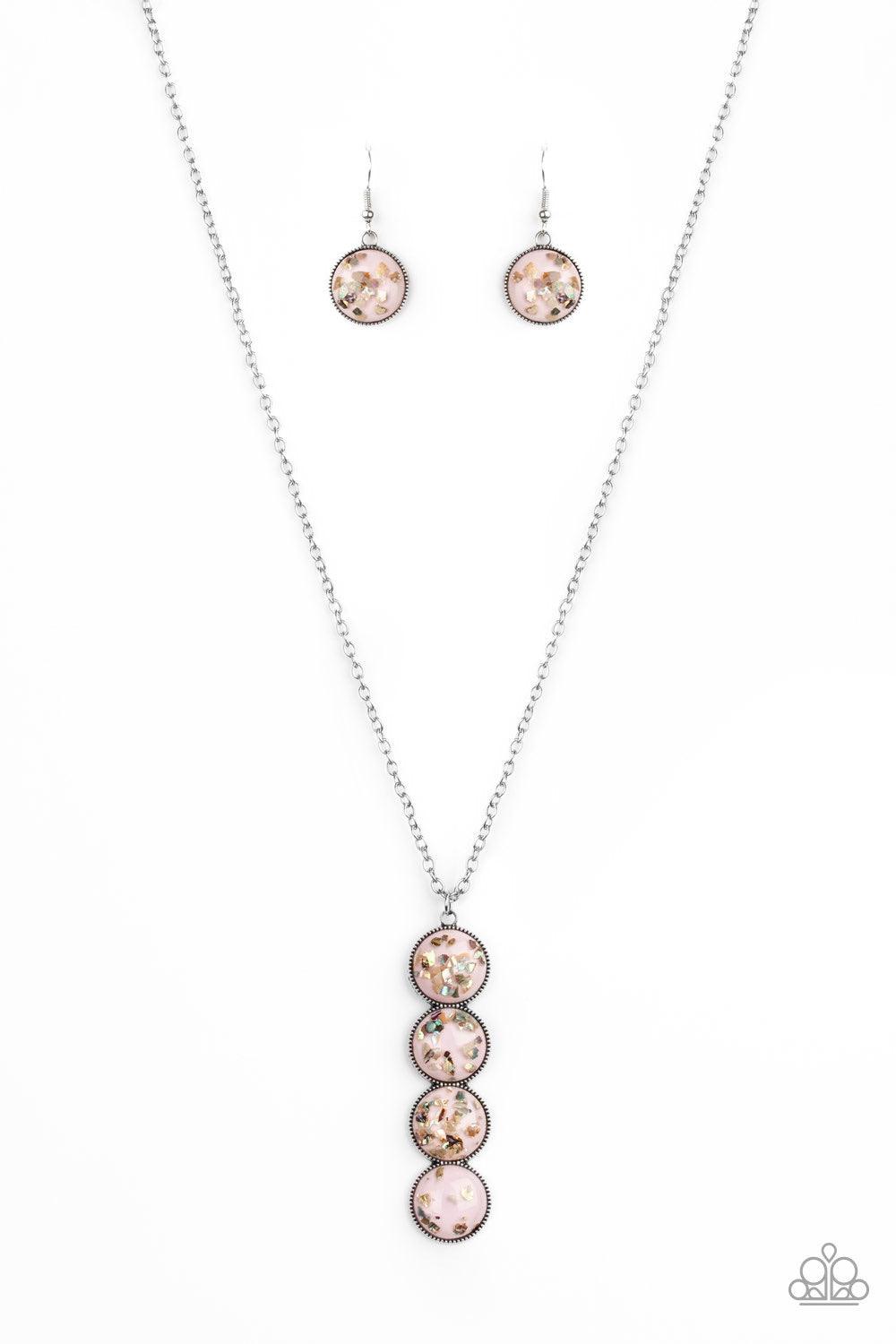 Paparazzi Accessories Confetti and Cocktails - Pink Featuring flecks of iridescent shell-like accents, four glassy pink beads stack into a dazzling pendant at the bottom of a shimmery silver chain for an effervescent look. Features an adjustable clasp clo