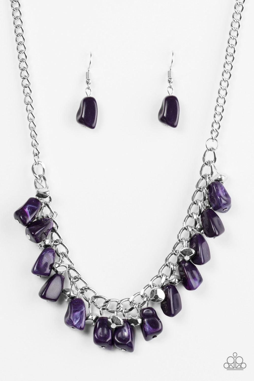 Paparazzi Accessories Rocky Shores - Purple Faceted silver and purple faux-rock beading trickle from the bottom of a bold silver chain, creating a colorful fringe below the collar. Features an adjustable clasp closure. Jewelry