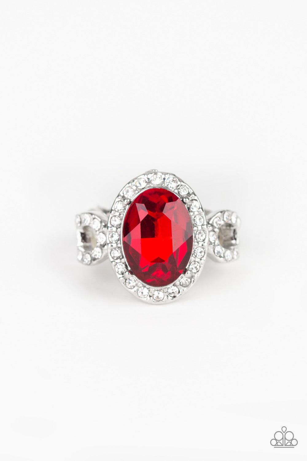 Paparazzi Accessories Magnificent Majesty - Red An oval red gem is pressed into the center of a dainty silver frame radiating with glassy white rhinestones for a regal flair. Features a dainty stretchy band for a flexible fit. Jewelry