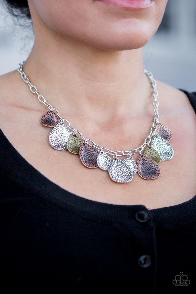Paparazzi Accessories Storm Goddess - Multi Delicately hammered in light-catching shimmer, copper, brass, and silver teardrops drip from the bottom of a glistening silver chain, creating a bold fringe below the collar. Features an adjustable clasp closure