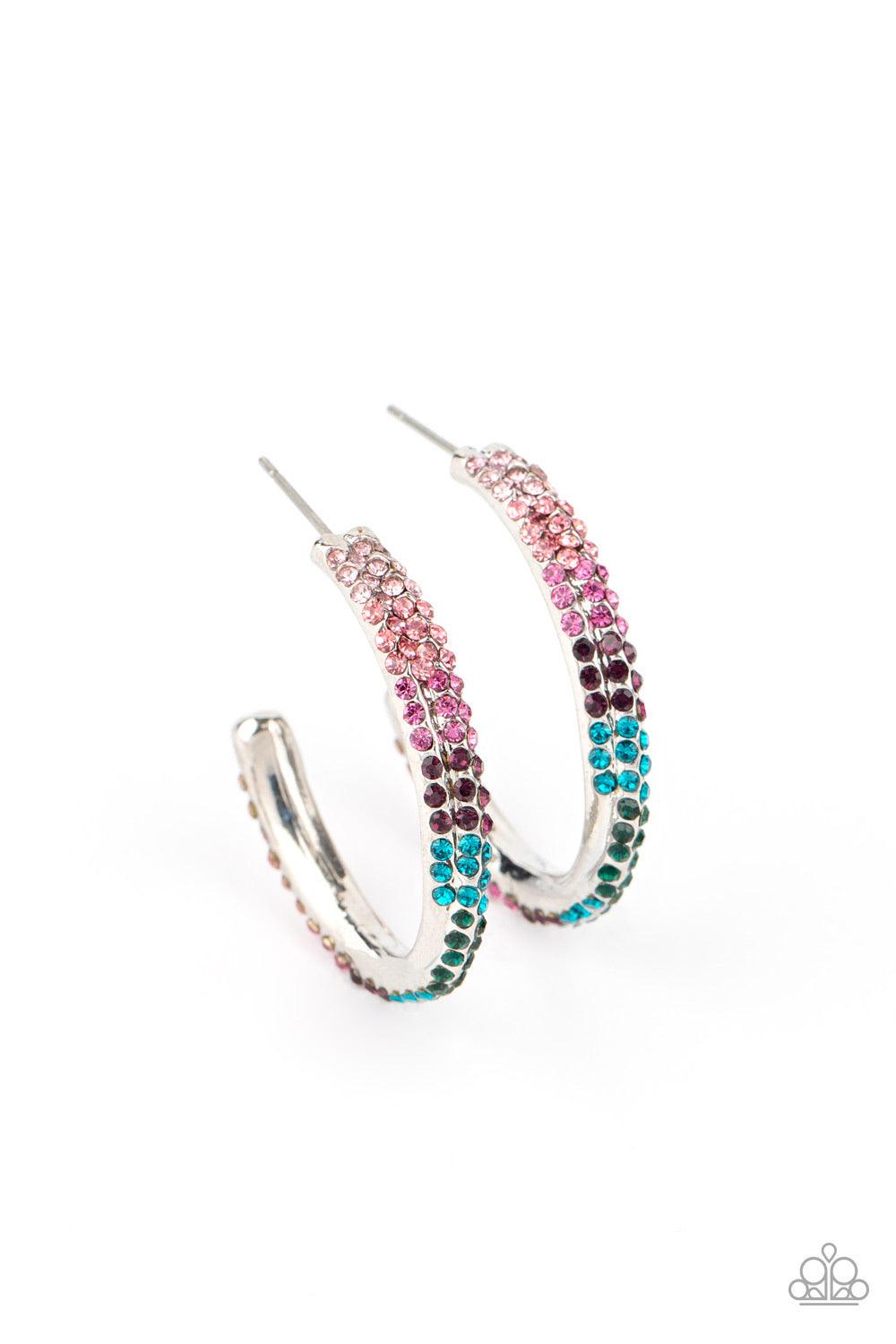 Paparazzi Accessories Trail Of Twinkle - Multi Two dainty rows of glittery multicolored rhinestone encrusted silver bars delicately overlap and twist into a hook shaped hoop for a refined flair. Earring attaches to a standard post fitting. Hoop measures a