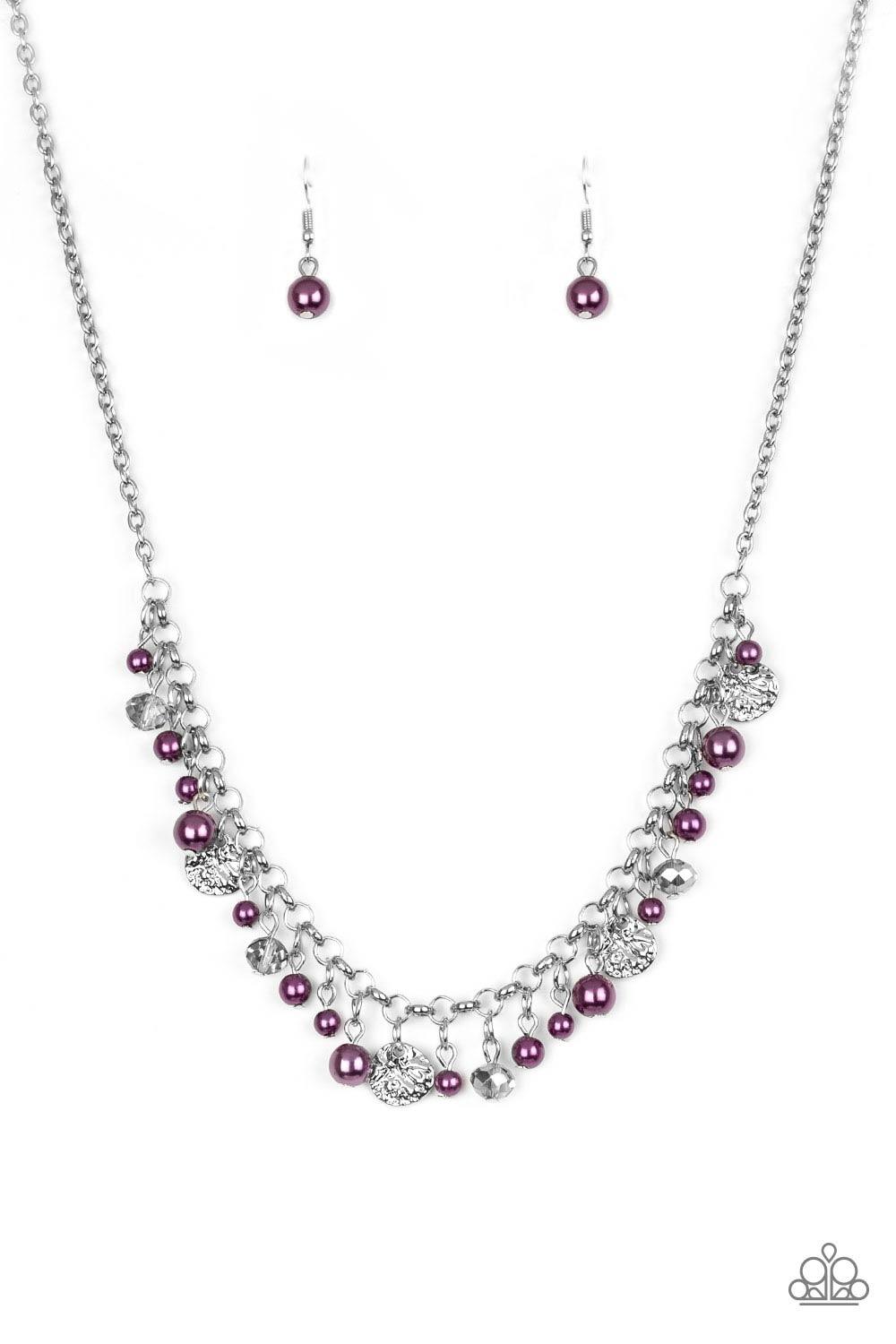 Paparazzi Accessories Coastal Cache - Purple Pearly purple beads, smoky crystal-like gems, and hammered silver discs swing from a bold silver chain, creating a refined fringe below the collar. Features an adjustable clasp closure. Sold as one individual n