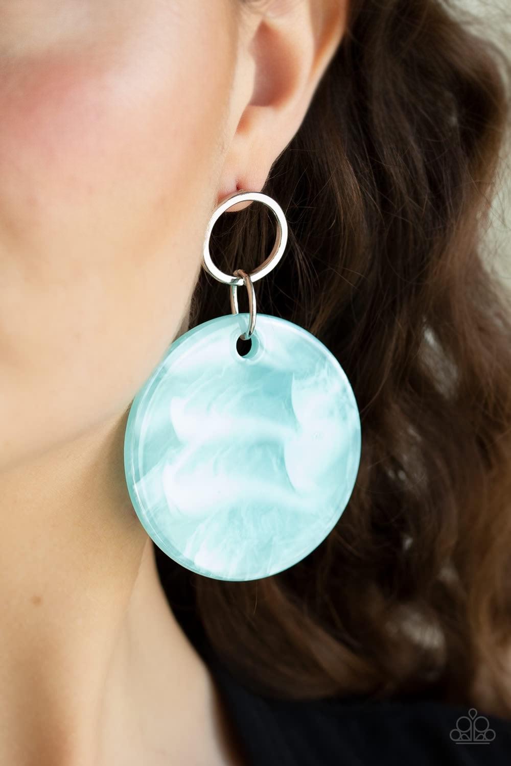 Paparazzi Accessories Beach Bliss - Blue Brushed in a shell-like iridescence, a shimmering acrylic frame swings from the bottom of a dainty silver hoop for a summery flair. Earring attaches to a standard post fitting. Jewelry