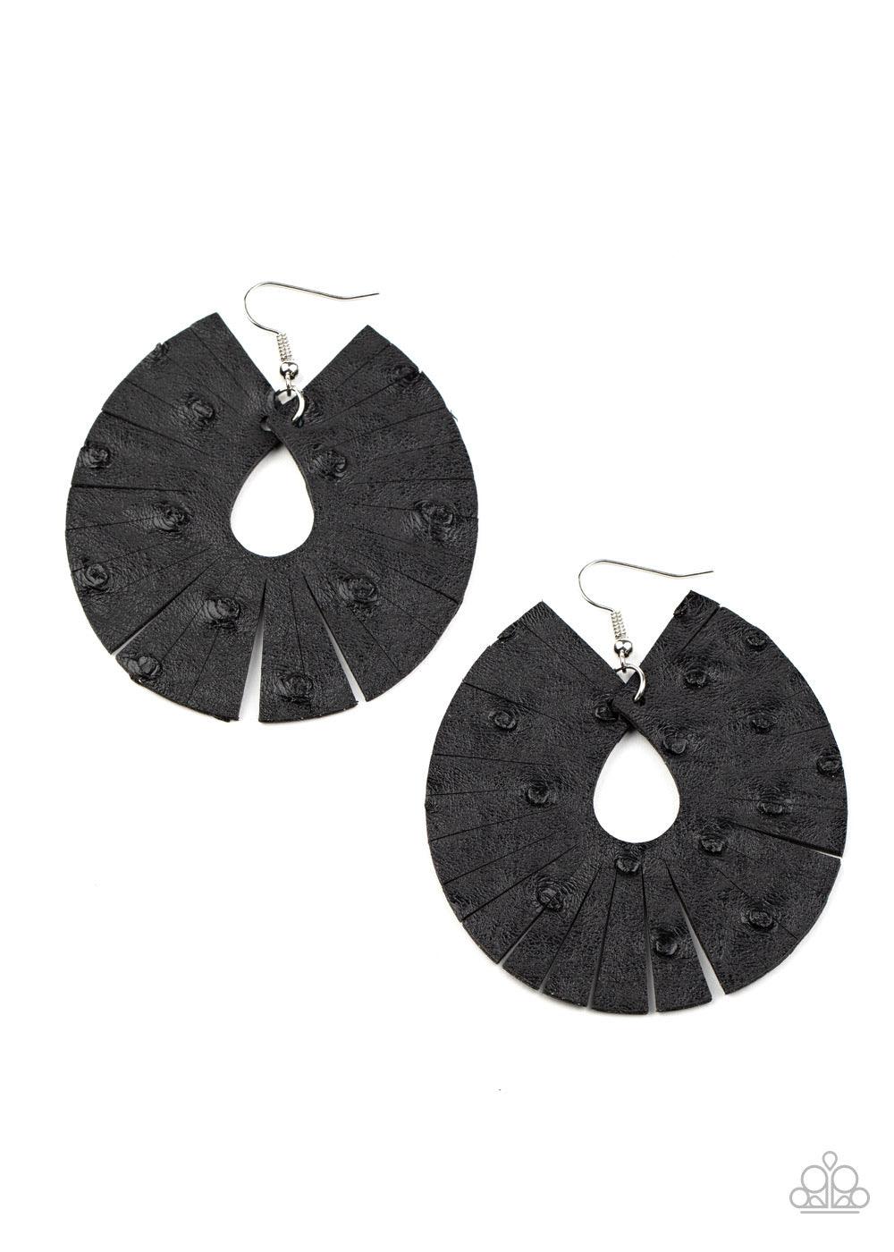 Paparazzi Accessories Palm Islands - Black Dotted in distressed textures, a black leather teardrop is spliced into a trendy fringe-like pattern. Earring attaches to a standard fishhook fitting. Sold as one pair of earrings. Jewelry