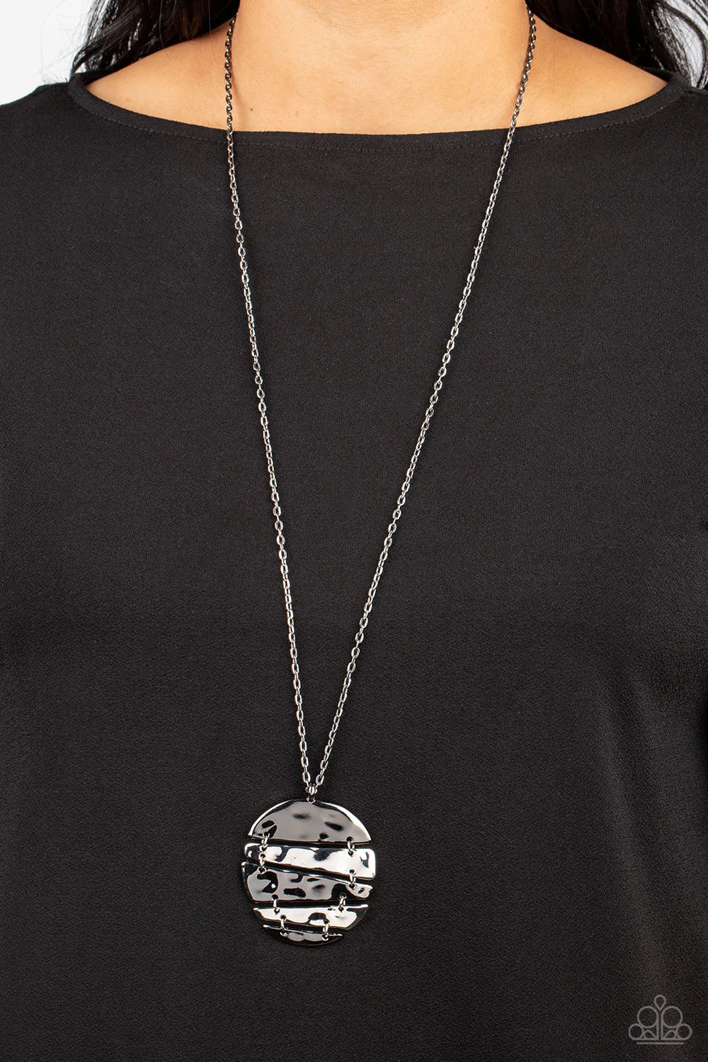 Paparazzi Accessories Shattered Sunset - Black Slices of hammered silver and gunmetal frames linked into an abstract mixed metallic palette at the bottom of a lengthened silver chain, creating an edgy centerpiece. Features an adjustable clasp closure. Sol