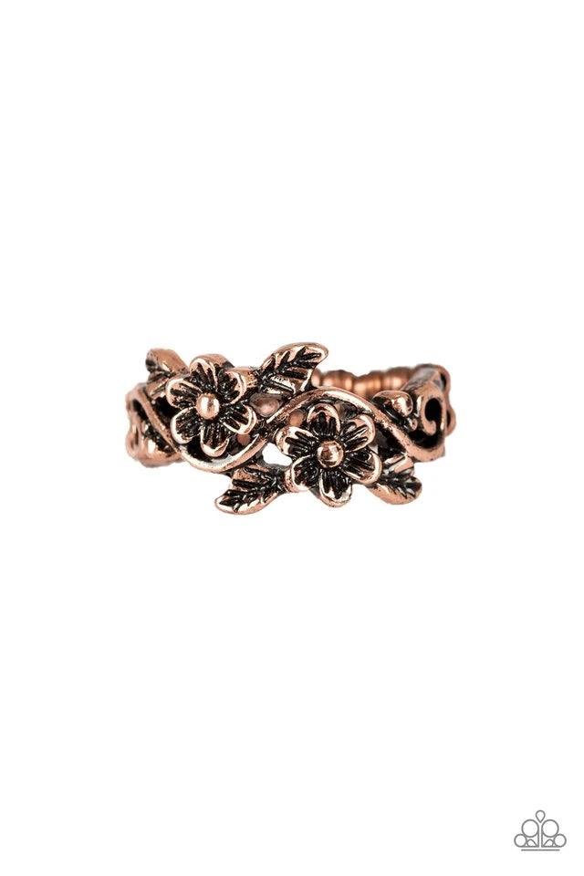 Paparazzi Accessories Stop and Smell The Flowers - Copper Brushed in an antiqued shimmer, leafy flowers bloom across the finger for a seasonal look. Features a dainty stretchy band for a flexible fit. Jewelry