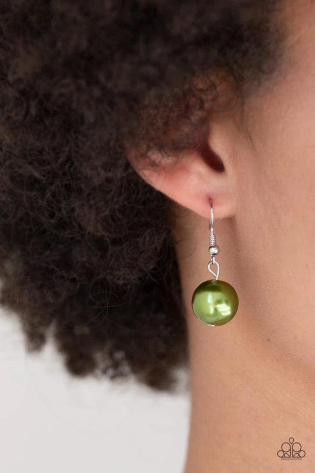 Paparazzi Accessories Take Note - Green A collection of oversized silver and pearly green beads drape across the chest for a refined look. Features an adjustable clasp closure. Sold as one individual necklace. Includes one pair of matching earrings. Jewel