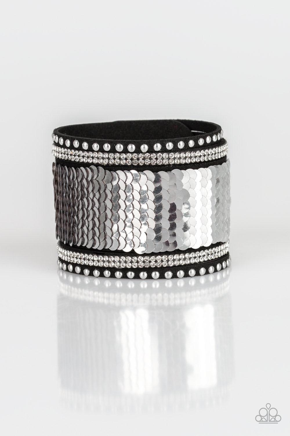 Paparazzi Accessories MERMAIDS Have More Fun - Gold Shiny silver studs, glassy white rhinestones, and shimmering sequins are sprinkled across a thick black suede band that has been spliced into five glittery rows. Bracelet features reversible sequins that
