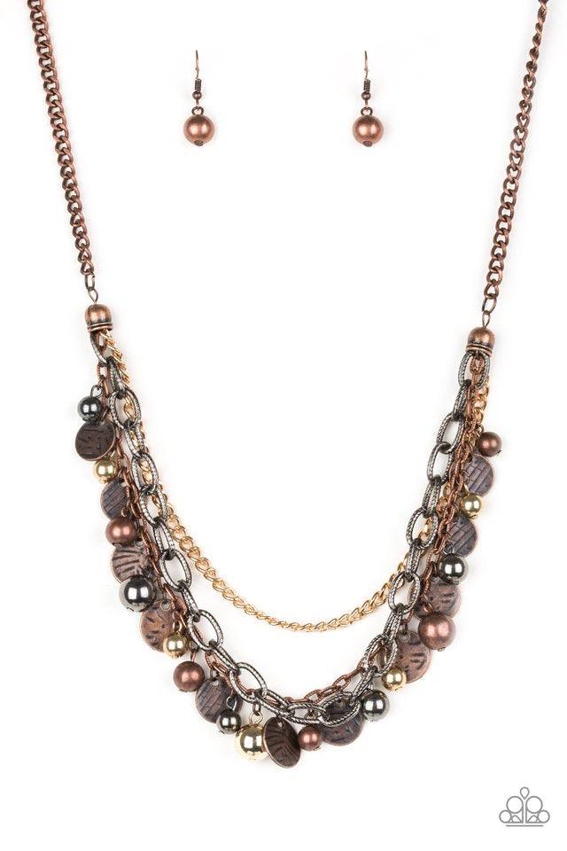 Paparazzi Accessories Cast Away Treasure ~Multi Varying in shape and shimmer, a mishmash of copper, gold and gunmetal chains layer below the collar. Infused with classic gold, copper and gunmetal beads, textured copper discs swing from the bottom of the l