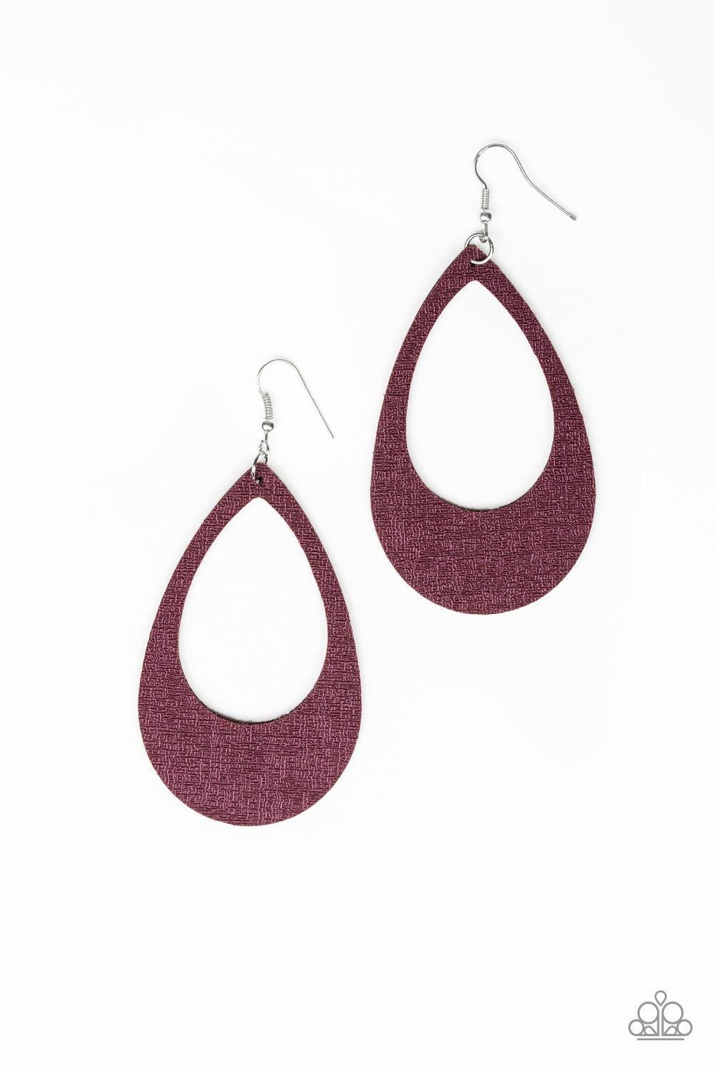 Paparazzi Accessories What A Natural - Purple Brushed in a shiny purple finish, a textured leather teardrop frame swings from the ear for a trendy look. Earring attaches to a standard fishhook fitting. Jewelry