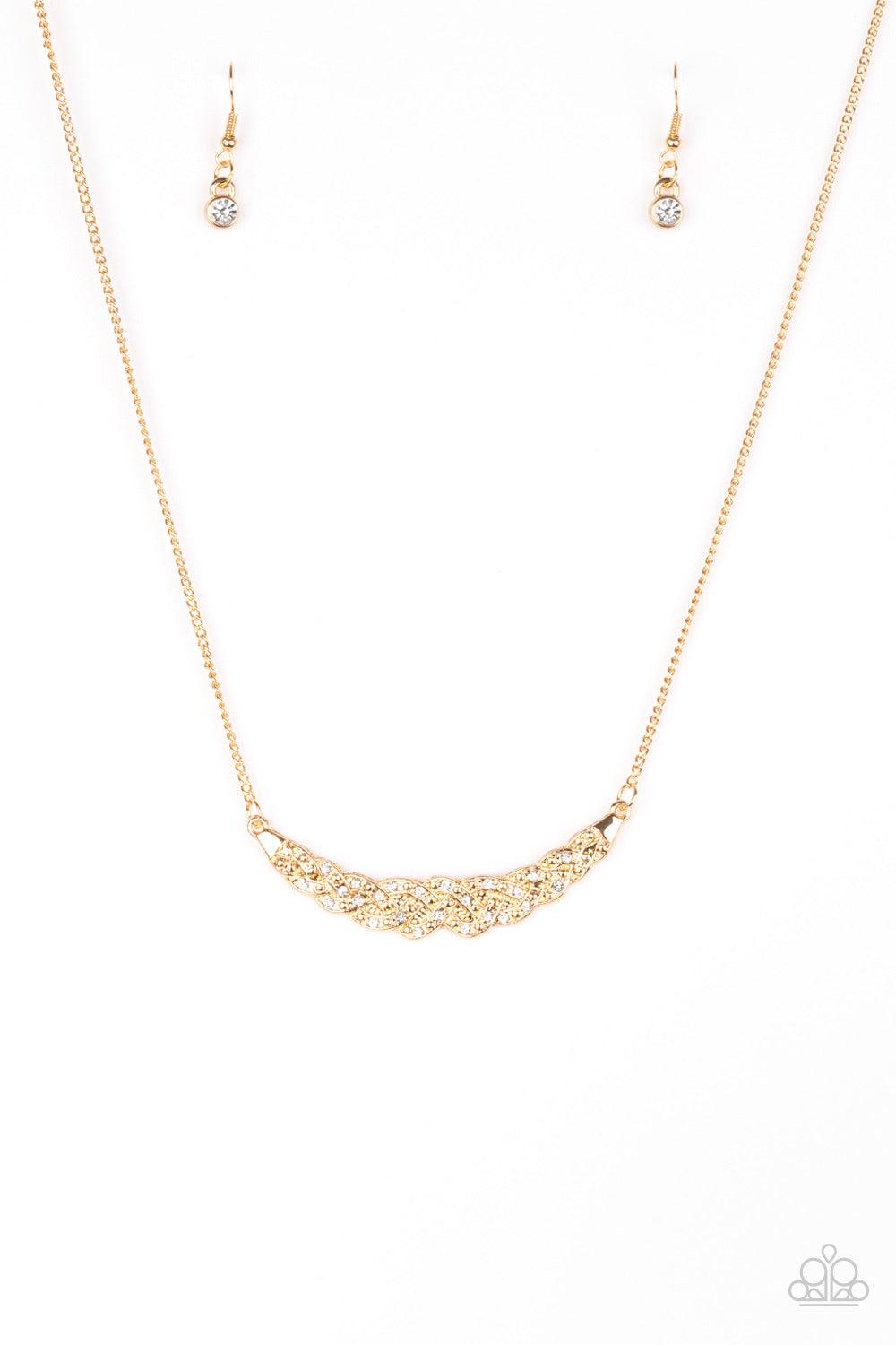 Paparazzi Accessories Whatever Floats Your Yacht - Gold Encrusted in glassy white rhinestones, studded gold bars braid into a bowing pendant below the collar for a refined fashion. Features an adjustable clasp closure. Jewelry