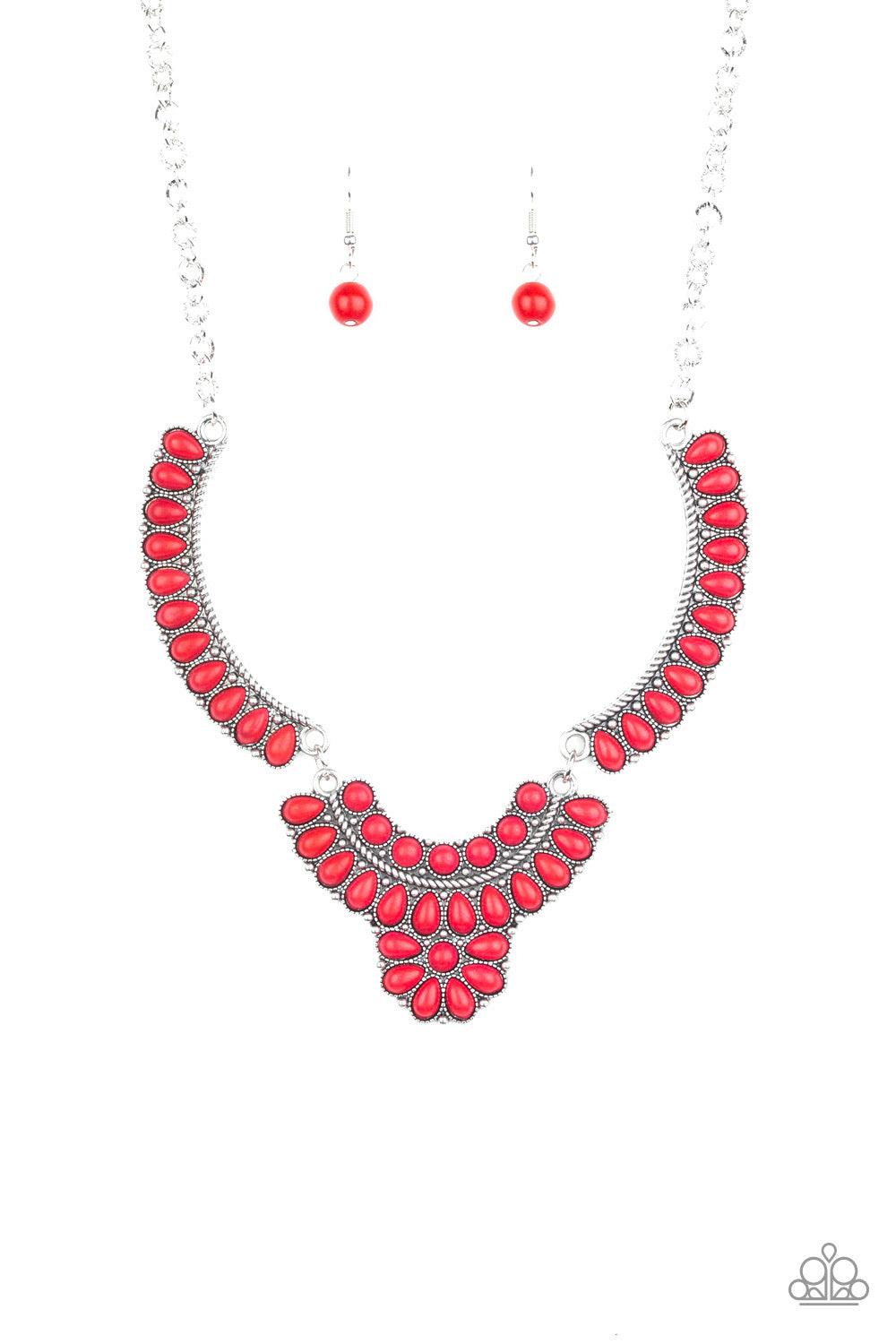 Paparazzi Accessories Omega Oasis - Red Featuring round and teardrop shapes, a collection of tranquil red stone beads are pressed into interconnected silver plates, creating a fiery floral inspired statement piece below the collar. Features an adjustable