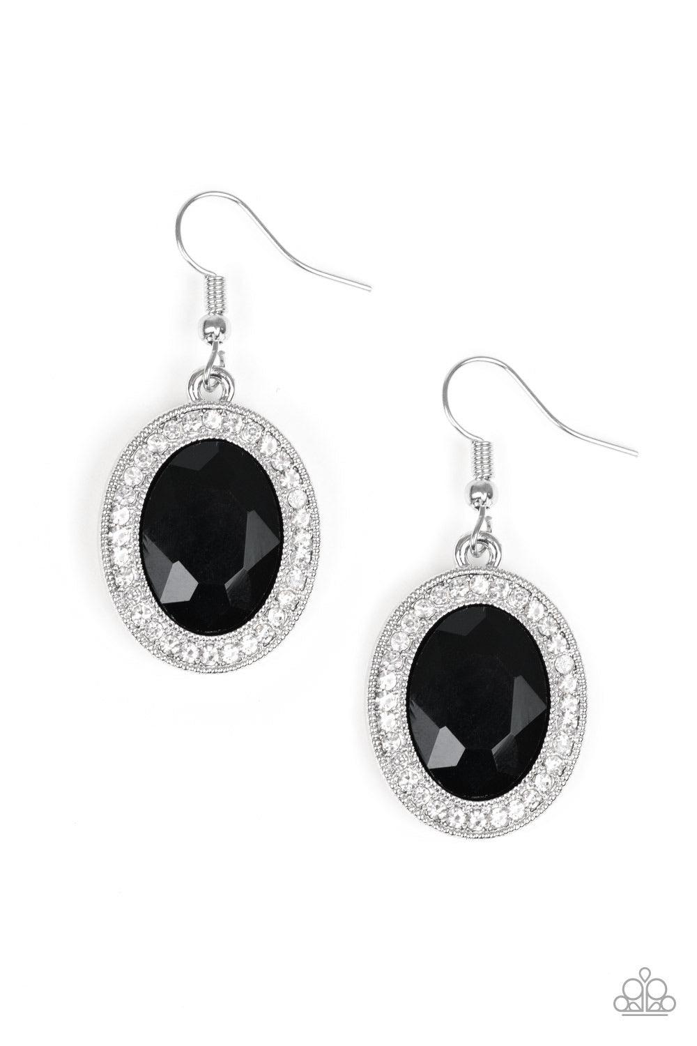 Paparazzi Accessories Only FAME In Town - Black An oversized black gem is pressed into the center of a silver frame radiating with glassy white rhinestones for a glamorous look. Earring attaches to a standard fishhook fitting. Jewelry
