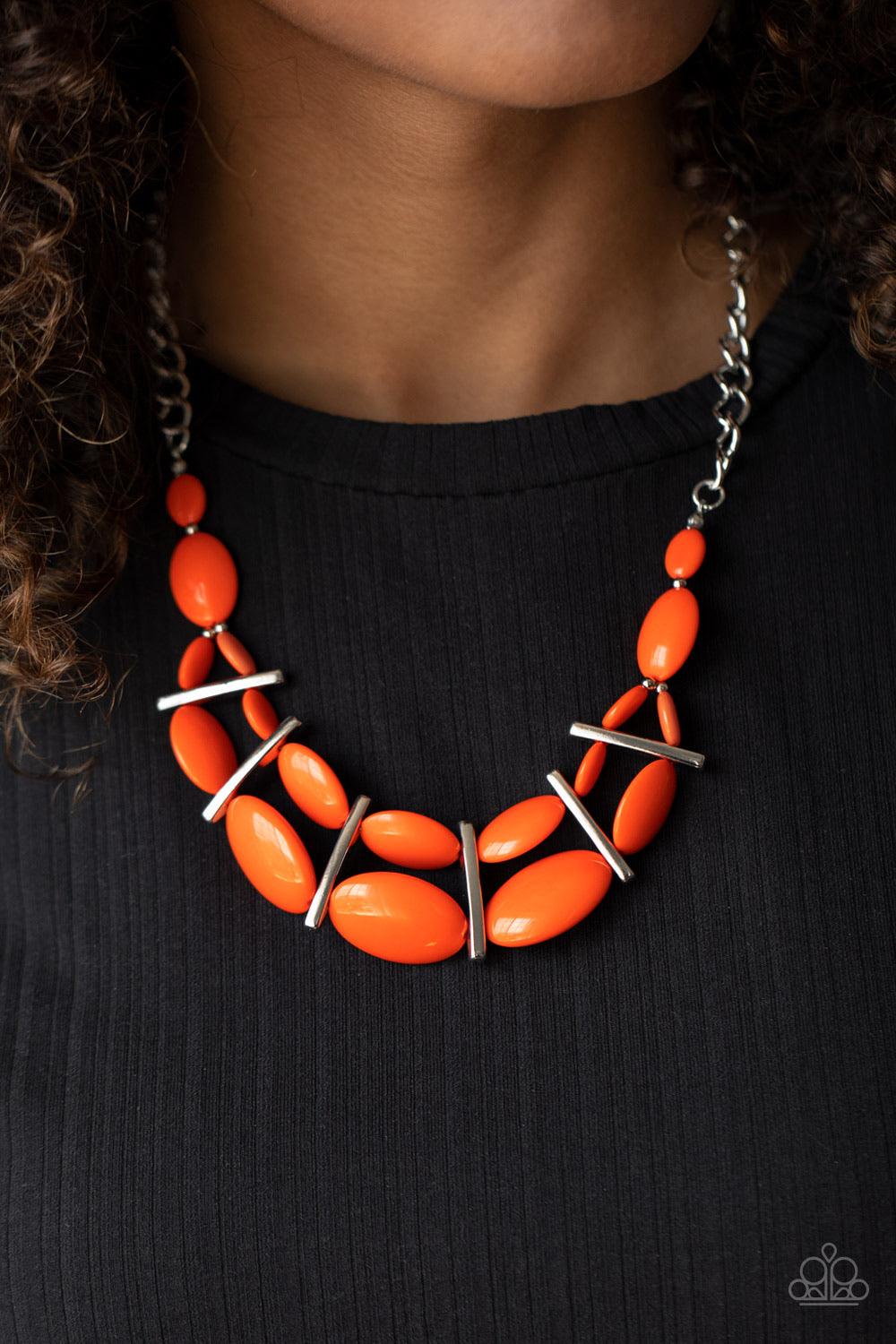 Paparazzi Accessories Law of the Jungle - Orange Sectioned off by edgy silver fittings, a flamboyant collection of vivacious orange beads link into two colorful layers below the collar for a bold pop of color. Features an adjustable clasp closure. Sold as